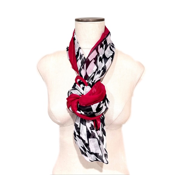 2chic Accessories - For Black & White Houndstooth w Red Border Infinity Scarf NWT